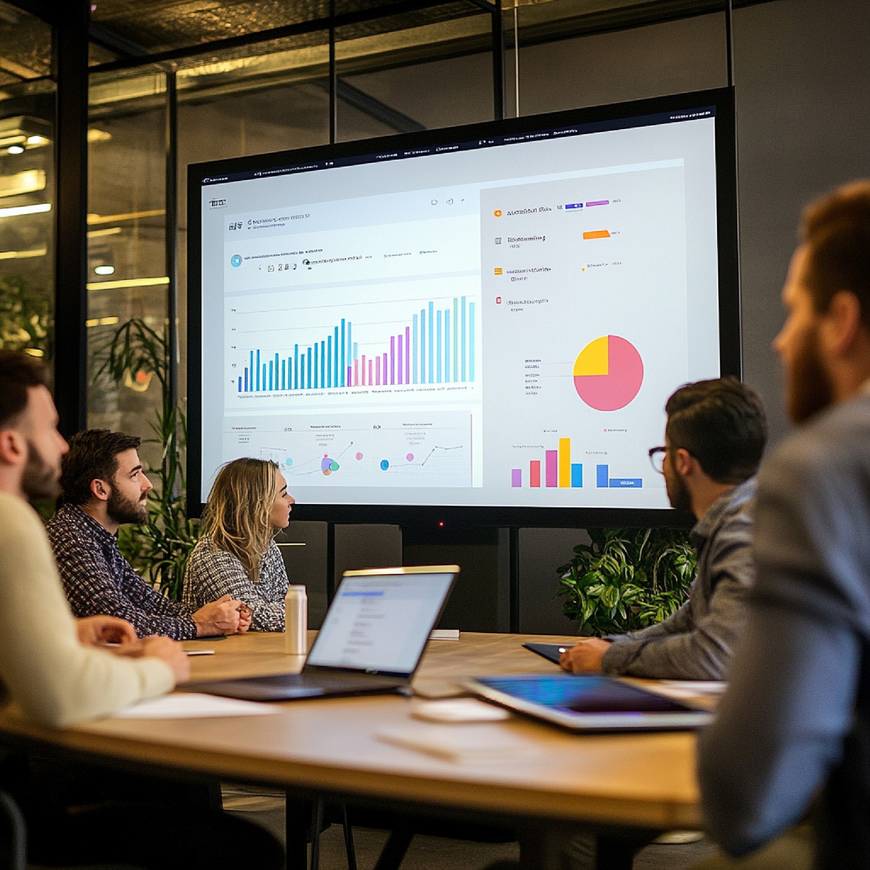 visual pitch deck being displayed large screen investor meeting